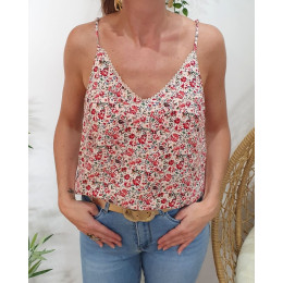 Top femme à bretelles écru petites fleurs rouges cerises et vertes