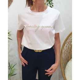 T-shirt femme écru broderie dancing queen dorée et rose