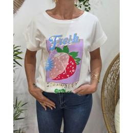 T-Shirt femme ecru Fresh strawberry vibes