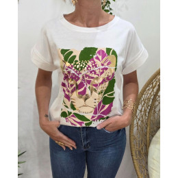 T-Shirt femme ecru léopard doré 