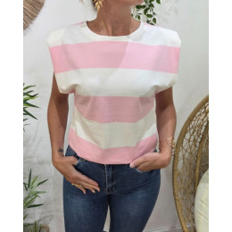 T-Shirt femme épaulette rayé blanc et rose