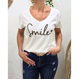 T-Shirt femme blanc broderie smile marron
