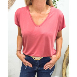 T-Shirt femme uni rose col V Irènea