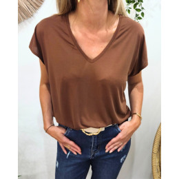 T-Shirt femme uni marron col V Irènea