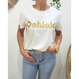 T-Shirt femme blanc Oohlala paillettes dorées