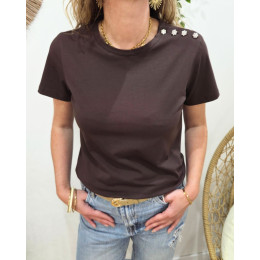 T-Shirt femme marron épaule boutons fleurs strass