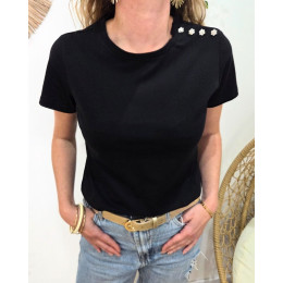 T-Shirt femme noir épaule boutons fleurs strass