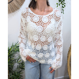 Top femme crochet manches longues blanc