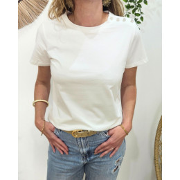 T-Shirt femme blanc épaule boutons fleurs strass