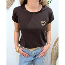 T-shirt femme marron coeur léopard taupe