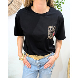 T-shirt femme noir more amor por favor léopard 