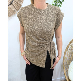 Top femme leopard irisé noué camel