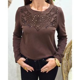 T-Shirt femme épais marron manches longues col ajouré Eléonore