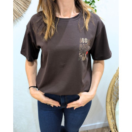 T-shirt femme marron more amor por favor léopard 