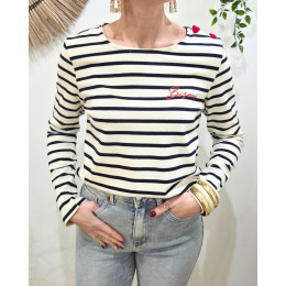T-shirt marinière femme manches longues boutons coeurs broderie bisous rouge