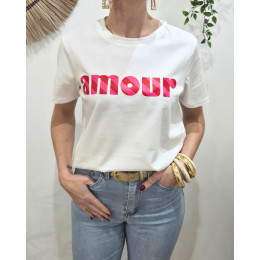 T-shirt femme blanc amour rayures roses et rouges