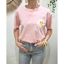 T-Shirt femme rose fleurs good vibes Only