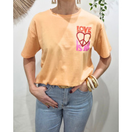 T-Shirt femme orange Love is in the air paillettes