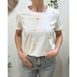 T-Shirt femme col rond blanc coeurs brodés - jaune