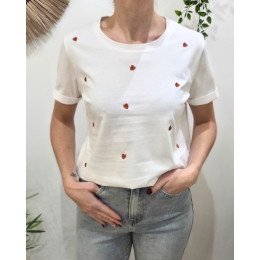 T-Shirt femme col rond blanc coeurs brodés - rose gold