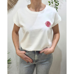 T-shirt femme blanc fleur rose dorée brodée