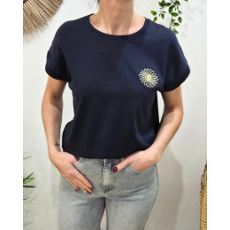 T-shirt femme marine fleur dorée brodée