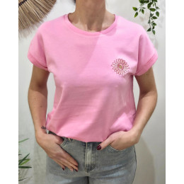 T-shirt femme rose baby fleur rose dorée brodée