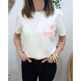 T-shirt femme blanc broderie surf rose