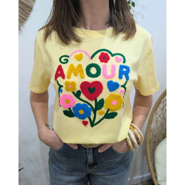 T-Shirt femme jaune amour fleuri multicolores Sardanna