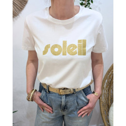 T-Shirt femme blanc soleil paillettes dorées