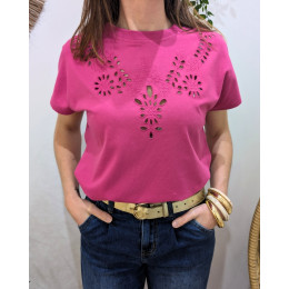 T-Shirt femme fuchsia broderies ajourées Altana