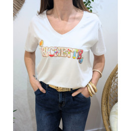 T-Shirt femme blanc bichette multicolore paillettes dorées