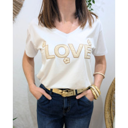 T-Shirt femme blanc LOVE fleuri bouclettes beiges paillettes dorées