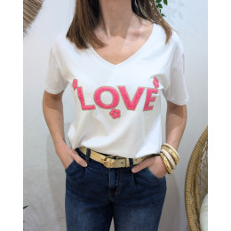 T-Shirt femme blanc LOVE fleuri bouclettes fuchsia paillettes dorées