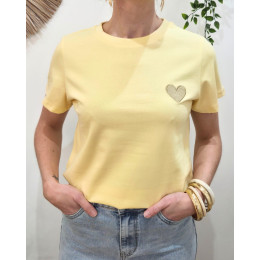 T-Shirt femme jaune pâle broderie coeur doré
