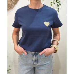 T-Shirt femme bleu marine broderie coeur doré