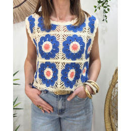 Top femme crochet bleu et rose