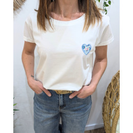 T-shirt femme blanc coeur brodé petites marguerites bleu