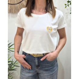 T-shirt femme blanc coeur brodé petites marguerites jaunes