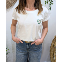 T-shirt femme blanc coeur brodé petites fleurs vertes Sophie