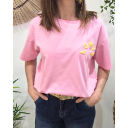 T-shirt femme rose love teddy jaune