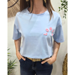 T-shirt femme bleu love teddy rose