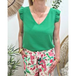 Top femme uni vert manches volantes