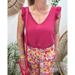 Top femme uni rose fichsia manches volantes