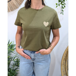 T-Shirt femme kaki broderie coeur doré