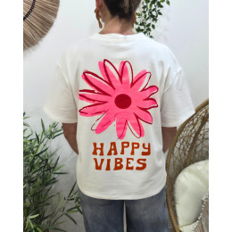 T-Shirt femme blanc fleur Happy Vibes orange et rose fluo