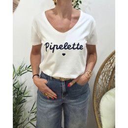 T-Shirt femme blanc broderie pipelette marine