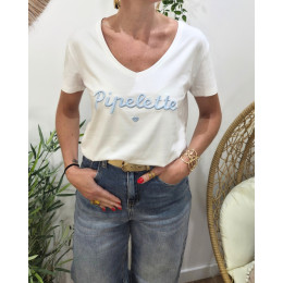 T-Shirt femme blanc broderie pipelette bleu ciel