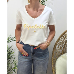 T-Shirt femme blanc broderie pipelette jaune
