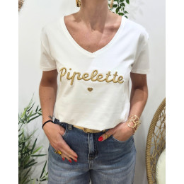 T-Shirt femme blanc broderie pipelette doré
